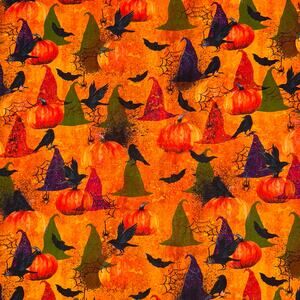 Halloween Witch Hats & Pumpkin Cotton Fabric - 5/8 Yard - Spider, Web, Crows
